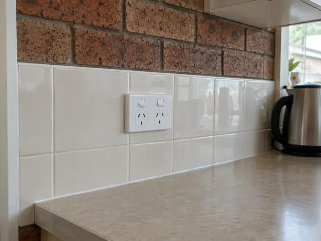 Double power point on a tiled kitchen splashback above a laminate benchtop in Kotara