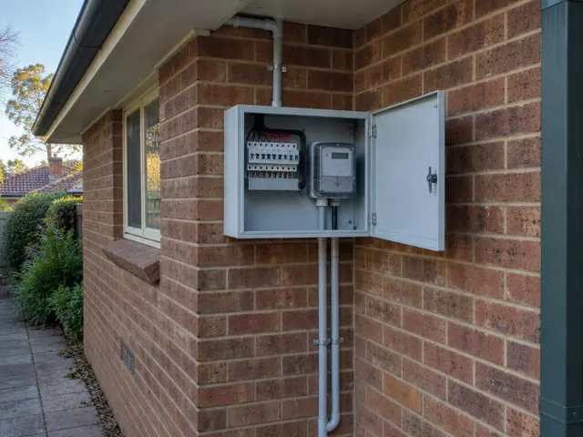 Exterior brick wall with open switchboard cabinet and meter box beside a window in Hamilton